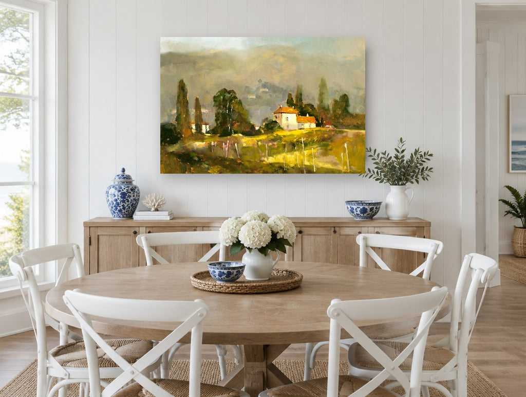 Sunlit Villa Hillside landscape canvas print on the wall of a Hamptons dining room