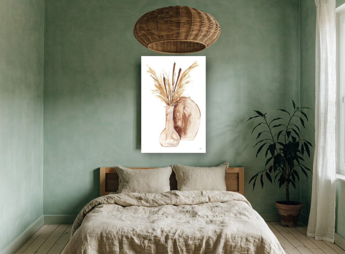 Cattails in Clay Vases floral canvas print on the wall of a bedroom