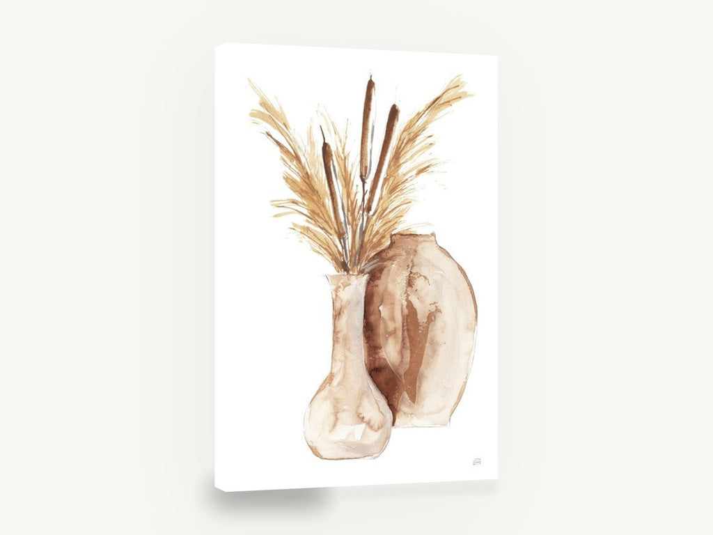 Cattails in Clay Vases, cattails pampas grass vase watercolour, floral canvas wall art print ready to hang