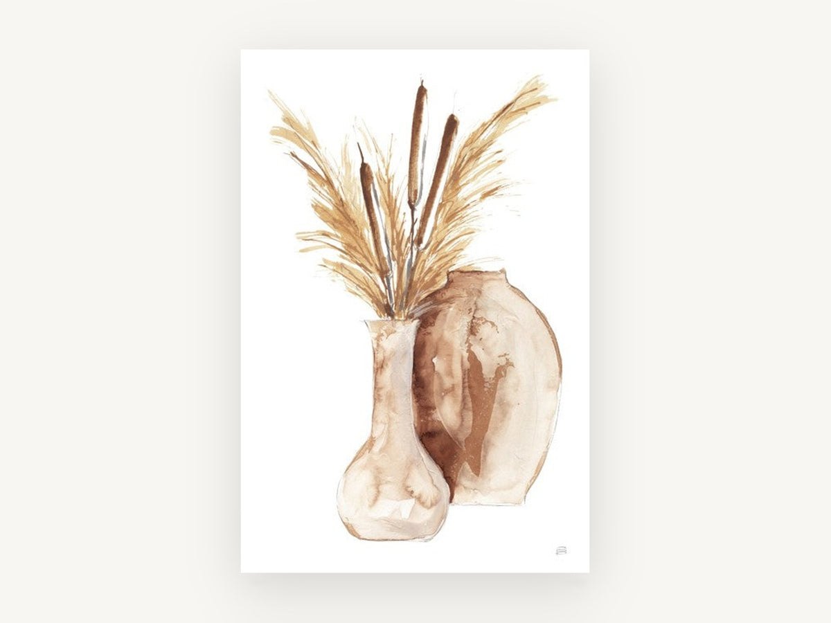 Cattails in Clay Vases, floral canvas wall art print, front view