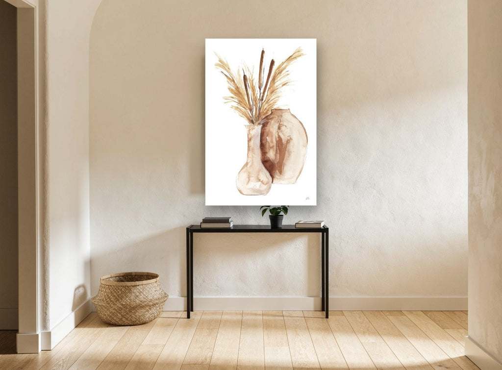 Cattails in Clay Vases floral canvas print on the wall of a hallway