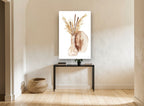 Cattails in Clay Vases floral canvas print on the wall of a hallway