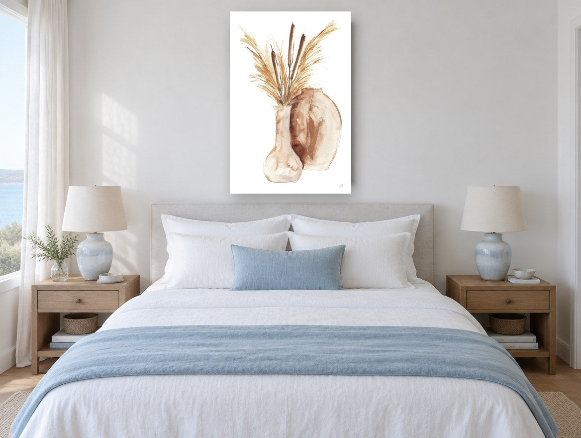 Cattails in Clay Vases floral canvas print on the wall of a coastal bedroom