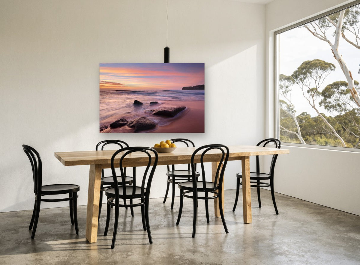 Bungan Beach Sunrise coastal canvas print on the wall of a dining room