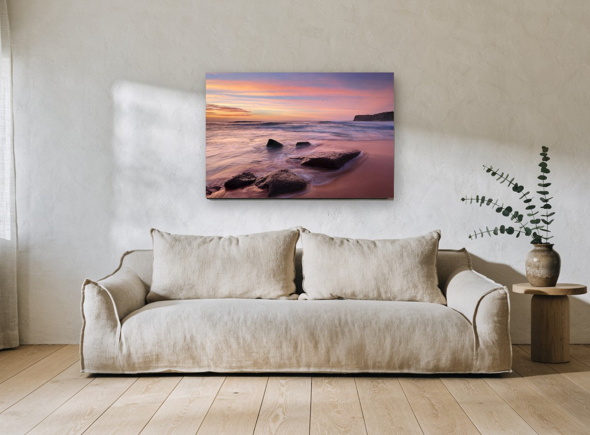 Bungan Beach Sunrise coastal canvas print on the wall of a living room