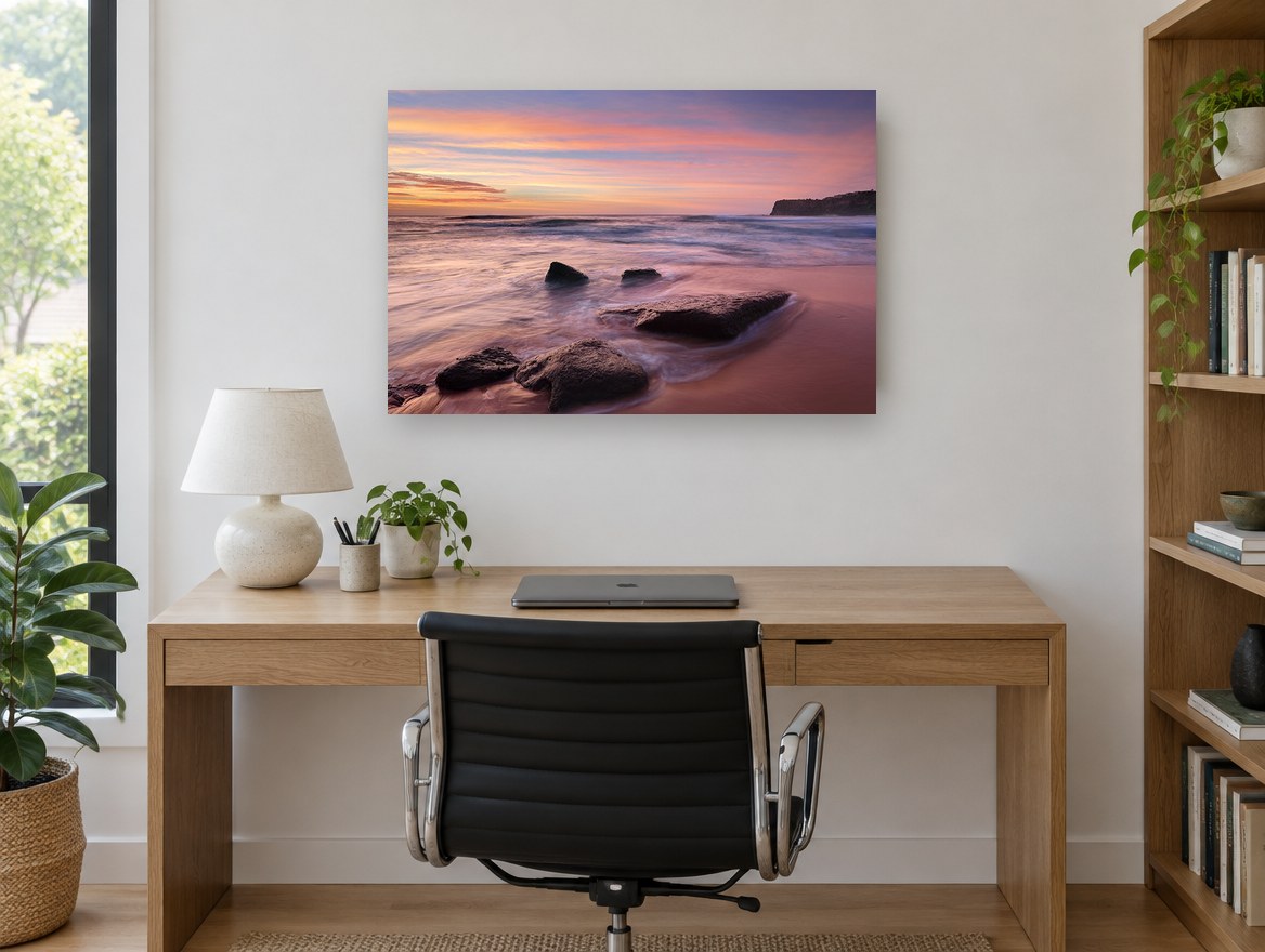 Bungan Beach Sunrise coastal canvas print on the wall of a study
