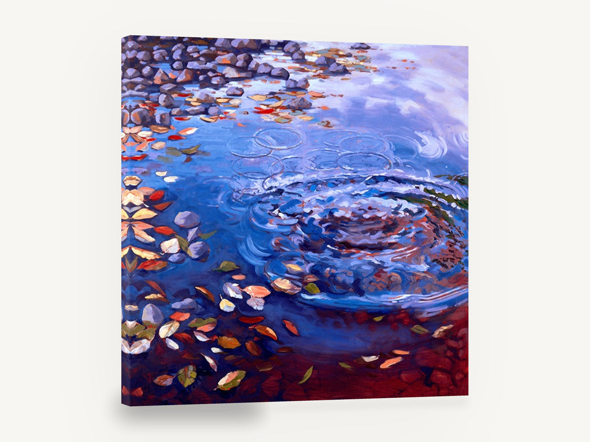 Ripples Among Leaves, autumn leaves pond ripples painting, landscape canvas wall art print ready to hang