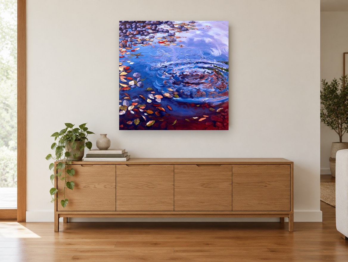 Ripples Among Leaves landscape canvas print on the wall of a living room above a sideboard