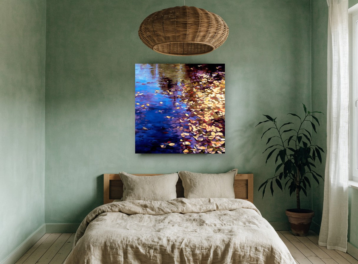 Autumn Pond Drift landscape canvas print on the wall of a bedroom