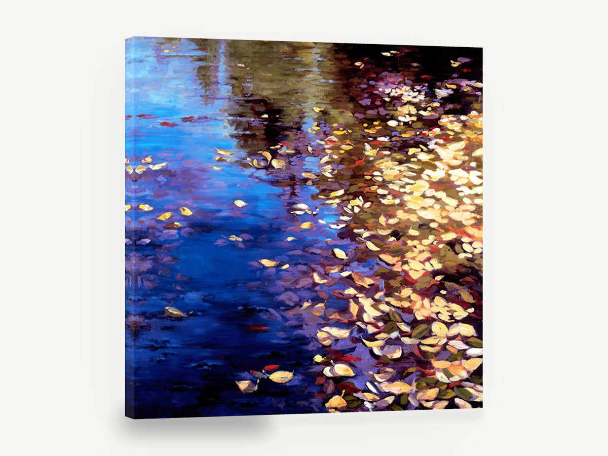 Autumn Pond Drift, autumn leaves pond reflection artwork, landscape canvas wall art print ready to hang