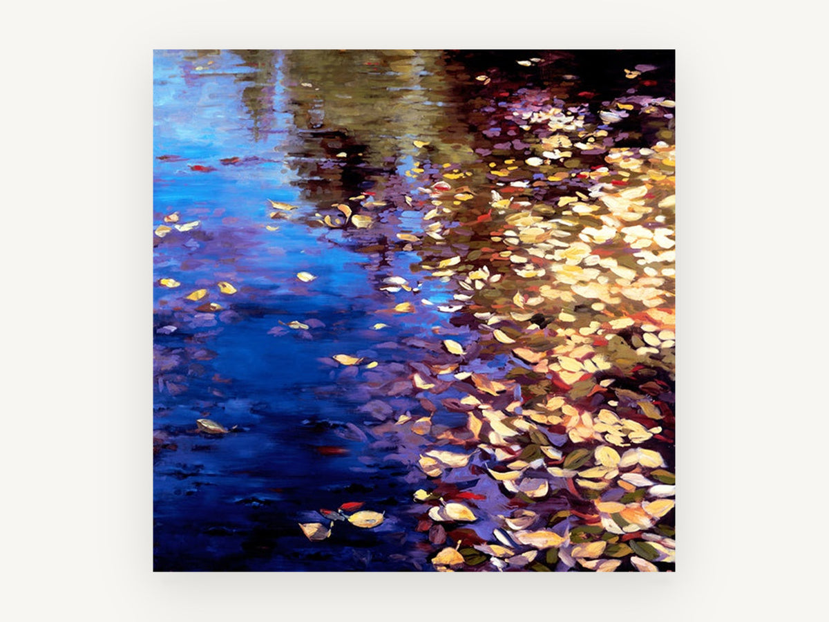 Autumn Pond Drift, autumn leaves pond reflection artwork, landscape canvas wall art print, front view