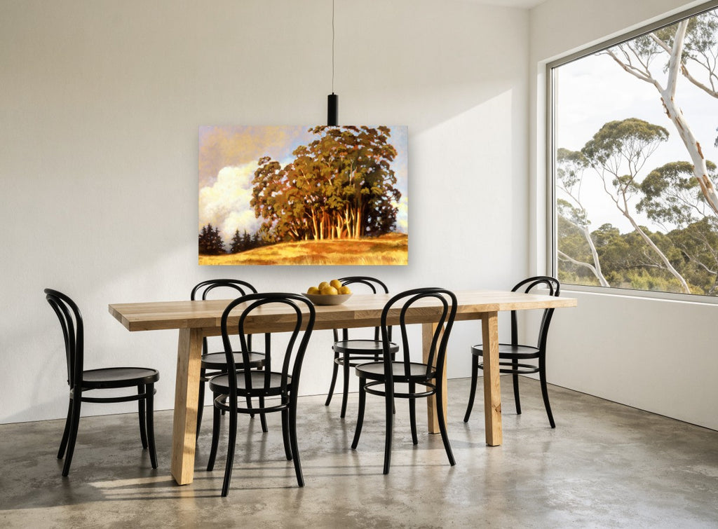 Golden Gum Hilltop landscape canvas print on the wall of a dining room