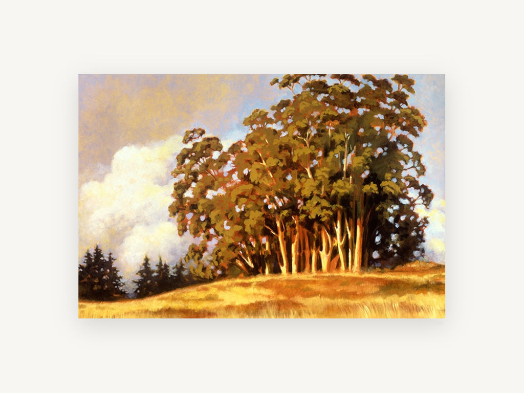 Golden Gum Hilltop, eucalyptus grove hilltop landscape painting, landscape canvas wall art print, front view