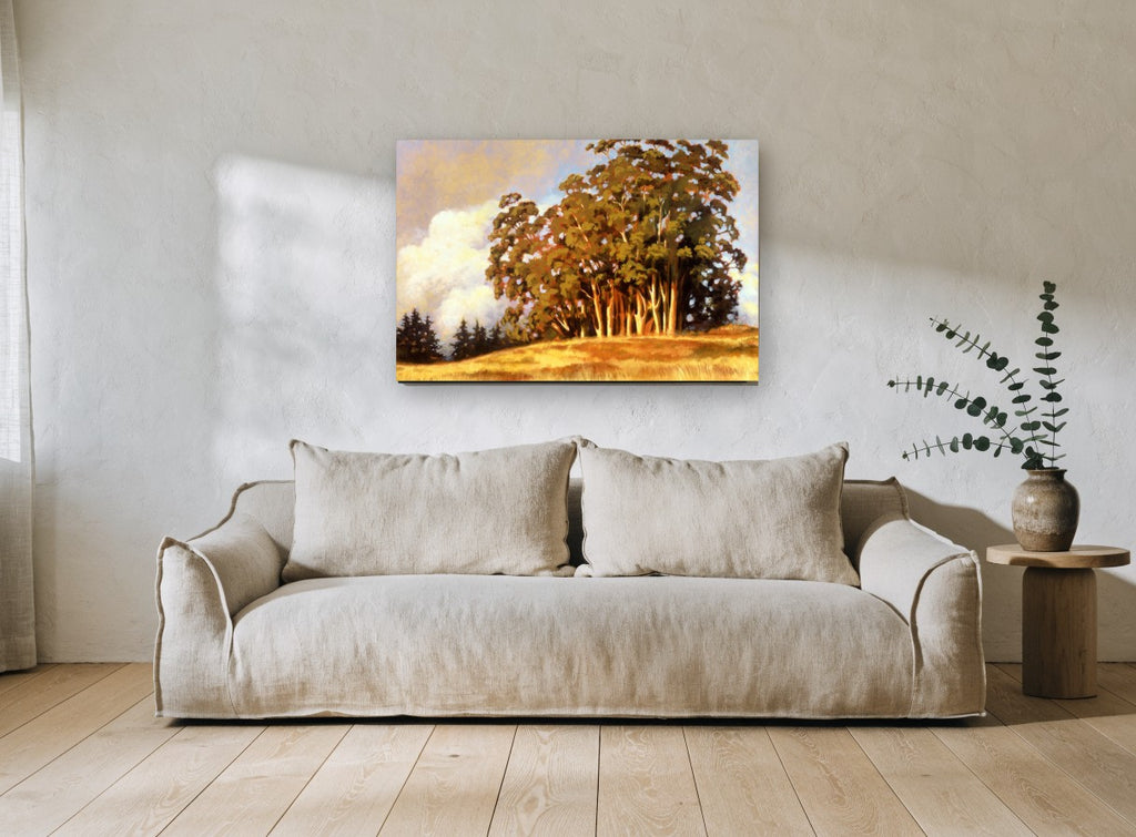 Golden Gum Hilltop landscape canvas print on the wall of a living room