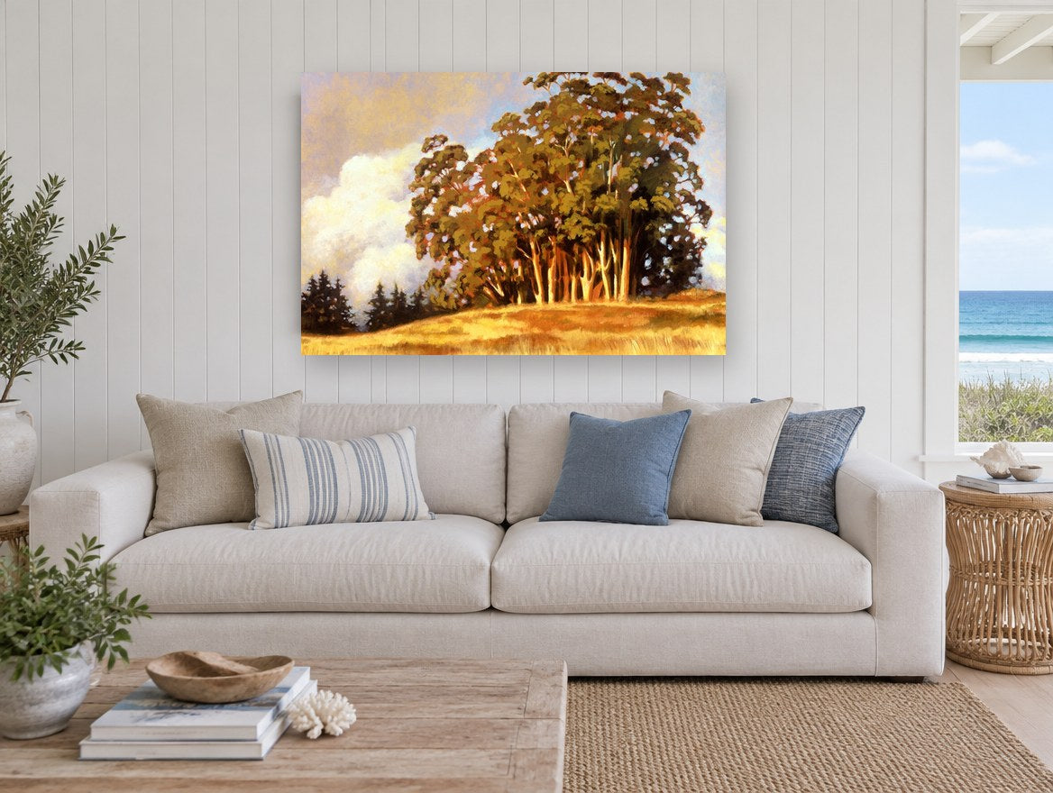 Golden Gum Hilltop landscape canvas print on the wall of a beach house living room