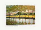 Poplars Beside Still Water, tree lined canal reflections painting, landscape canvas wall art print ready to hang