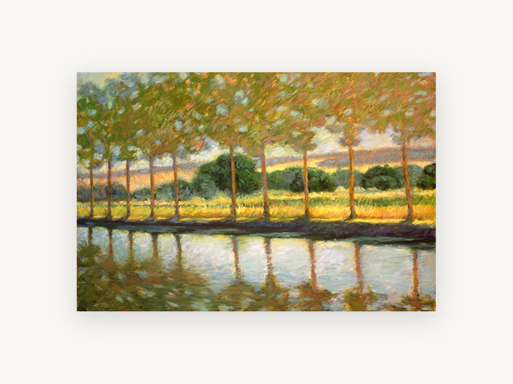 Poplars Beside Still Water, tree lined canal reflections painting, landscape canvas wall art print, front view
