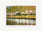 Poplars Beside Still Water, tree lined canal reflections painting, landscape canvas wall art print, front view