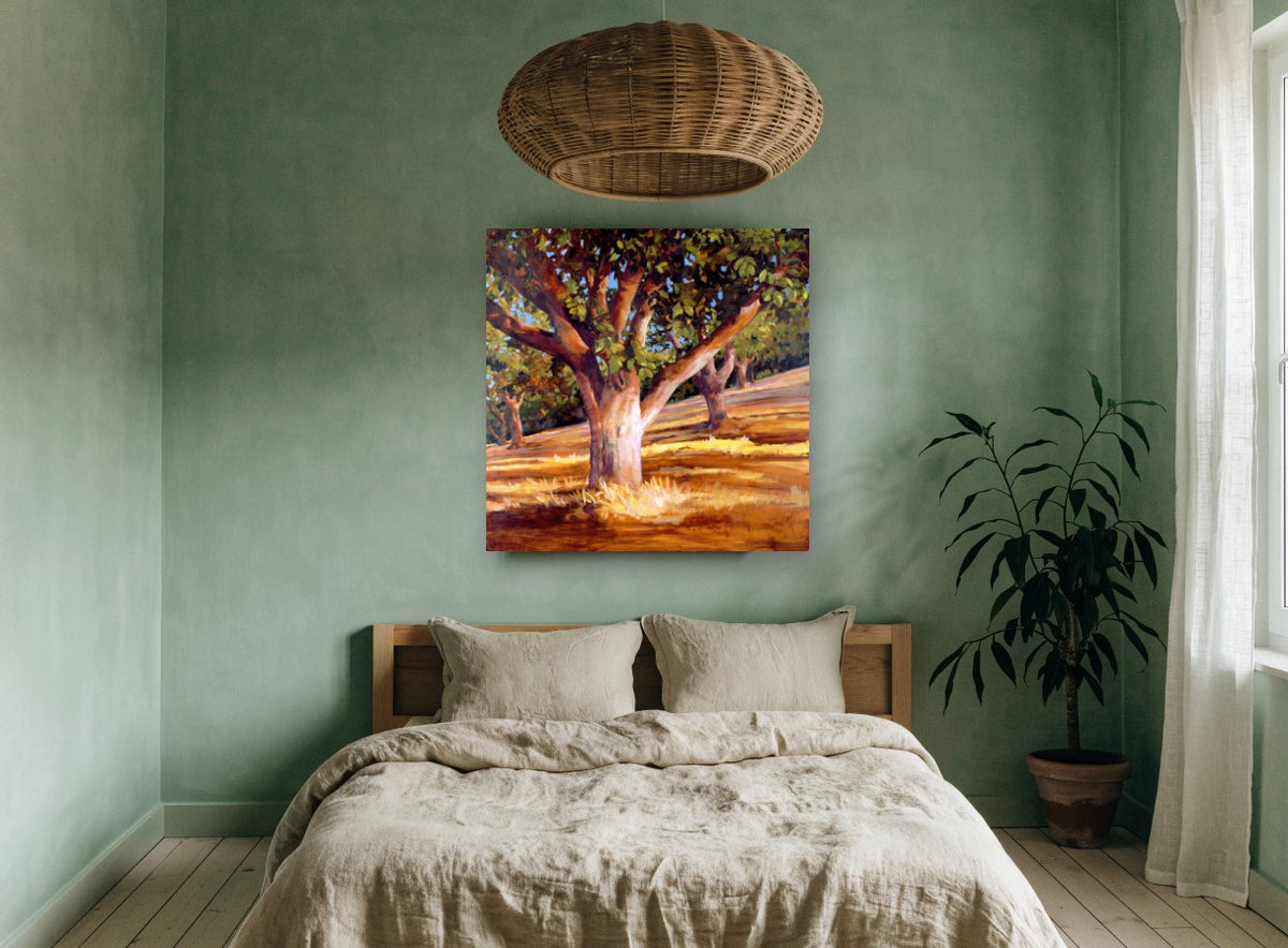 Sunlit Walnut Grove landscape canvas print on the wall of a bedroom