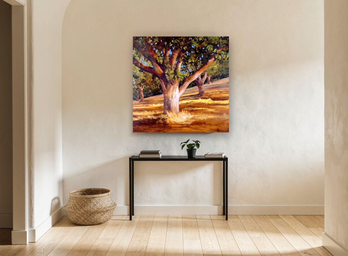 Sunlit Walnut Grove landscape canvas print on the wall of a hallway