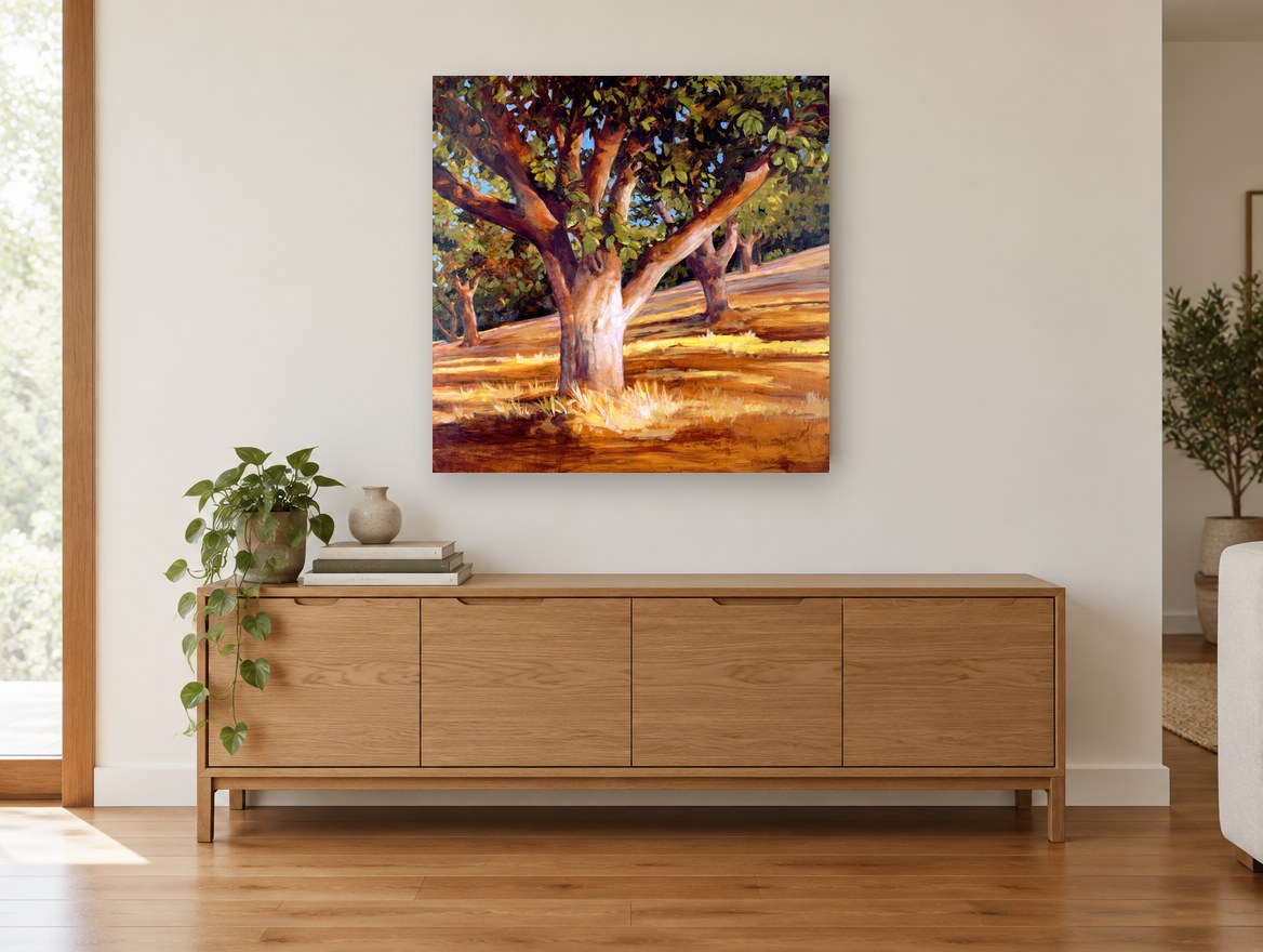 Sunlit Walnut Grove landscape canvas print on the wall of a living room above a sideboard