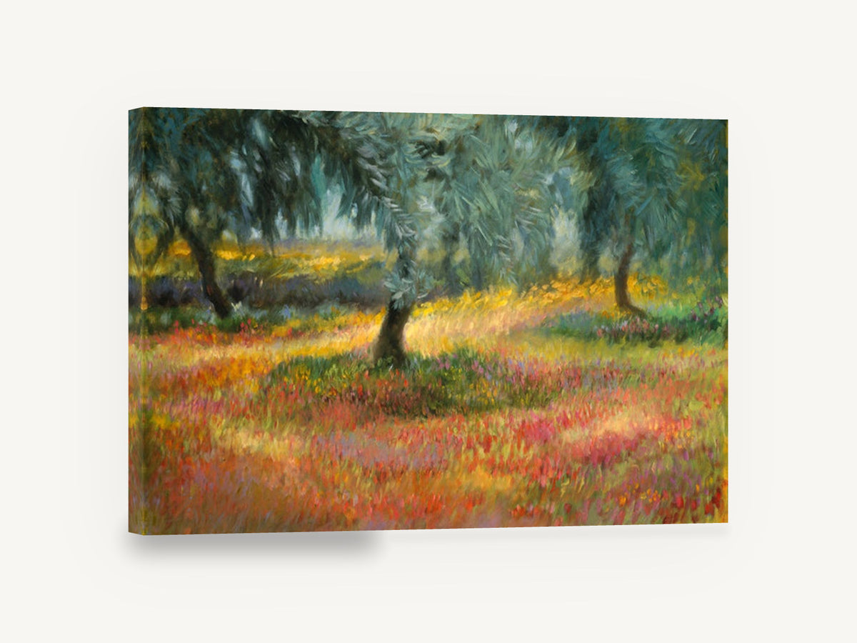 Olive Grove Blooms, olive trees wildflower meadow artwork, landscape canvas wall art print ready to hang