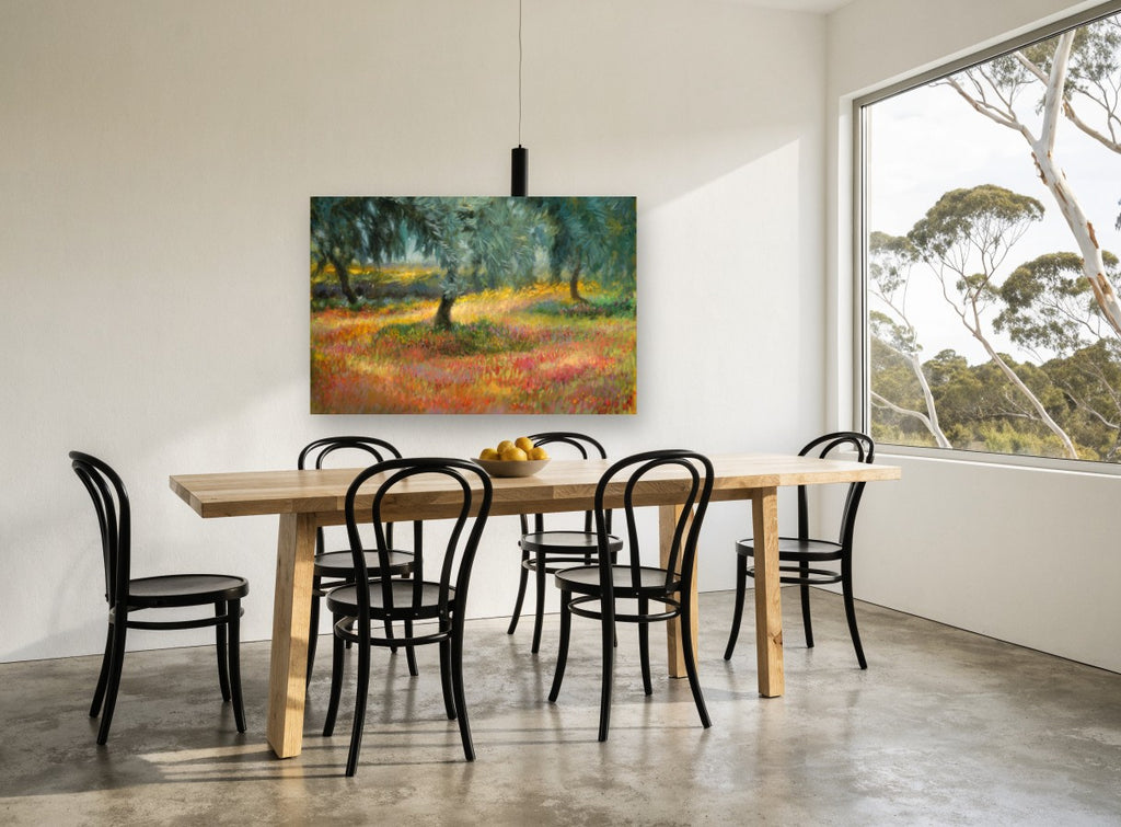 Olive Grove Blooms landscape canvas print on the wall of a dining room