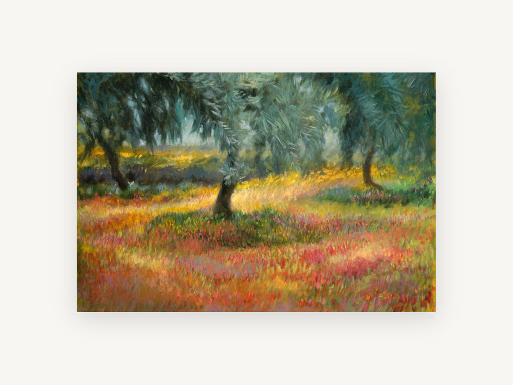 Olive Grove Blooms, olive trees wildflower meadow artwork, landscape canvas wall art print, front view