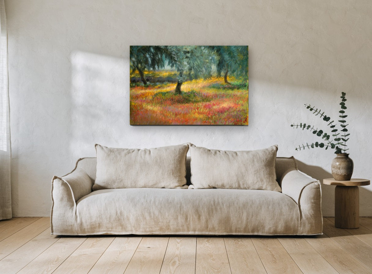 Olive Grove Blooms landscape canvas print on the wall of a living room