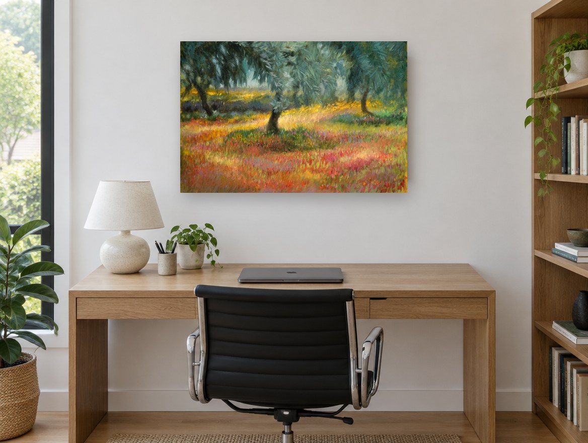 Olive Grove Blooms landscape canvas print on the wall of a study