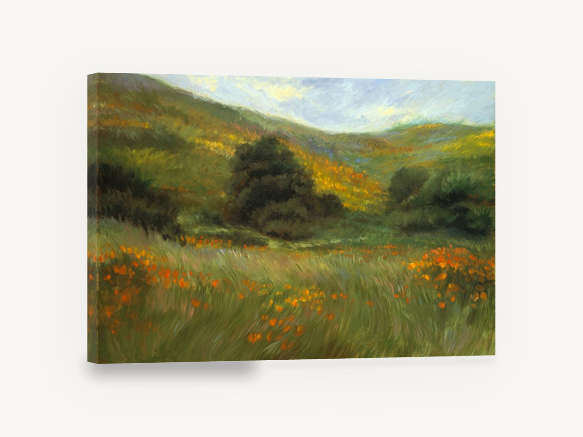 Poppy Meadow Hillside, orange poppy meadow landscape painting, landscape canvas wall art print ready to hang