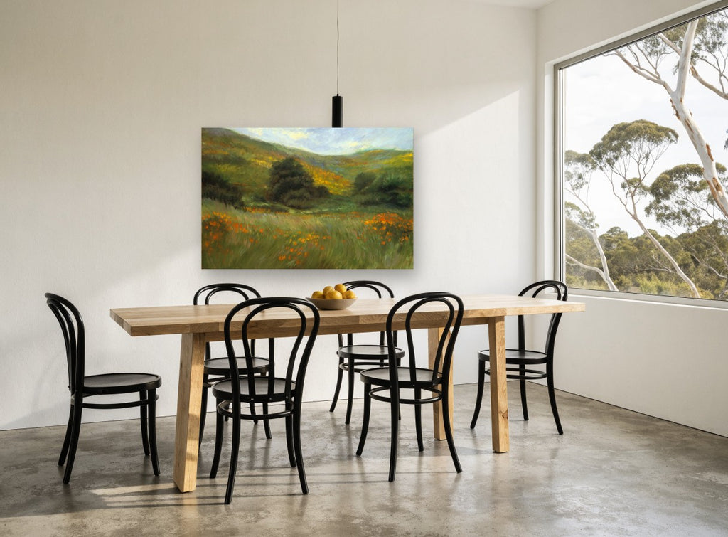 Poppy Meadow Hillside landscape canvas print on the wall of a dining room