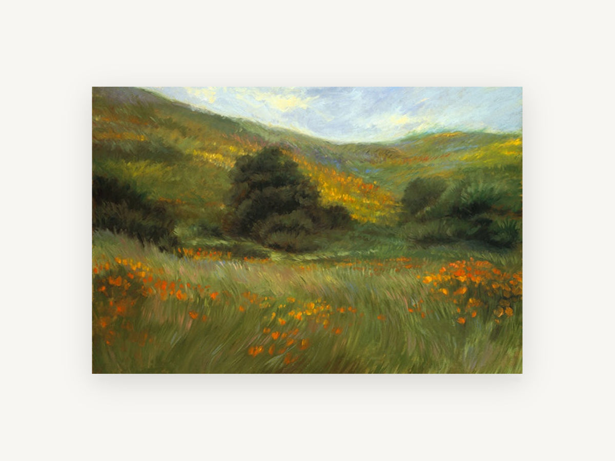 Poppy Meadow Hillside, orange poppy meadow landscape painting, landscape canvas wall art print, front view