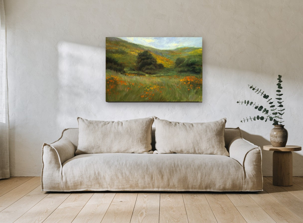 Poppy Meadow Hillside landscape canvas print on the wall of a living room