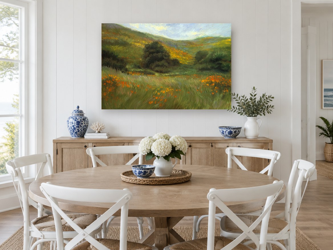 Poppy Meadow Hillside landscape canvas print on the wall of a Hamptons dining room