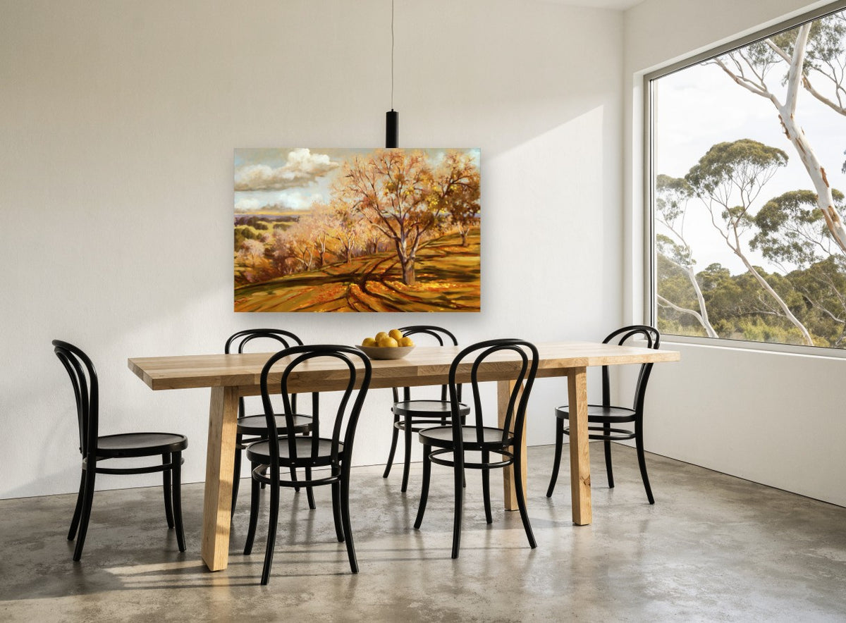 Autumn Orchard Shadows landscape canvas print on the wall of a dining room