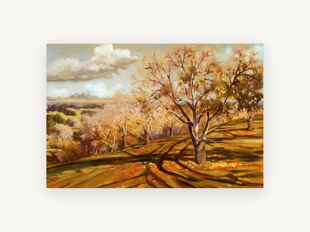 Autumn Orchard Shadows, autumn orchard hillside landscape painting, landscape canvas wall art print, front view