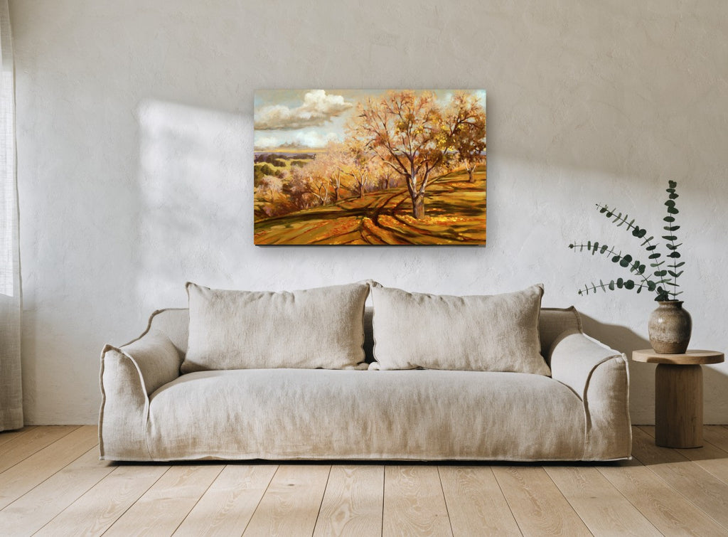 Autumn Orchard Shadows landscape canvas print on the wall of a living room