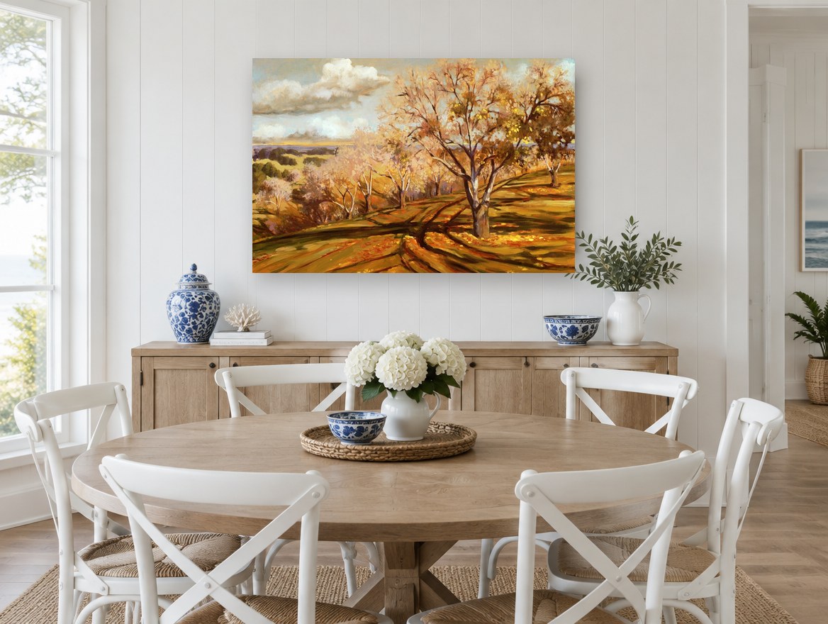 Autumn Orchard Shadows landscape canvas print on the wall of a Hamptons dining room
