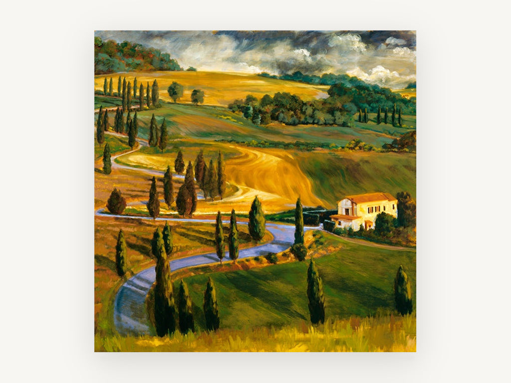 Cypress Road Farmhouse, tuscan style hills cypress landscape, landscape canvas wall art print, front view