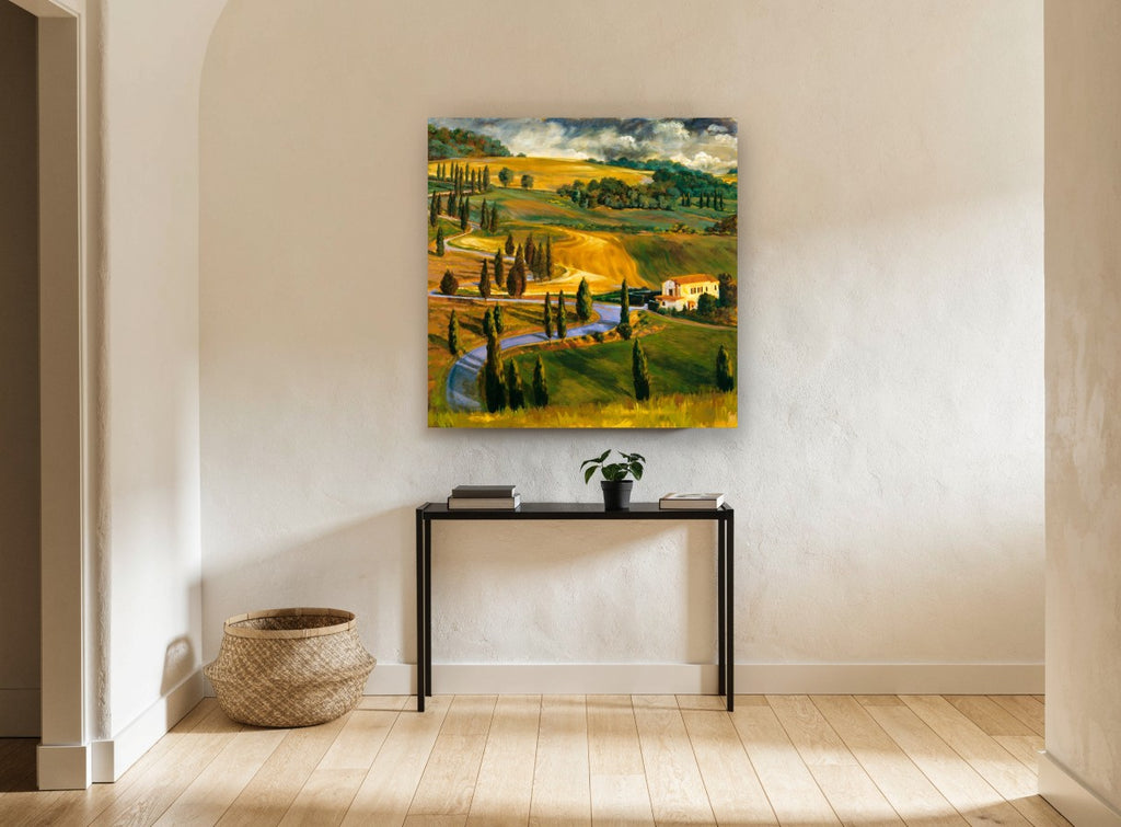 Cypress Road Farmhouse landscape canvas print on the wall of a hallway