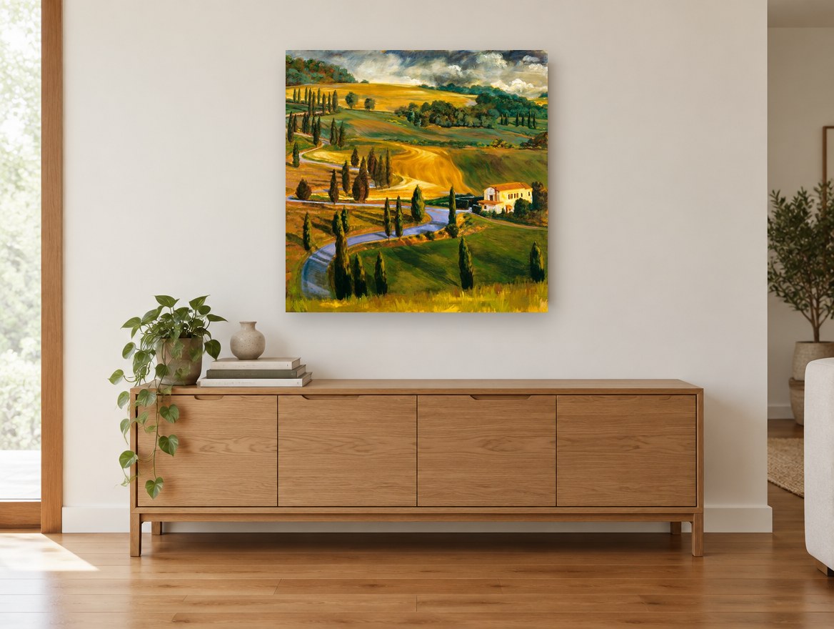 Cypress Road Farmhouse landscape canvas print on the wall of a living room above a sideboard