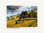 Storm Over Golden Hills, gum trees rolling hills landscape painting, landscape canvas wall art print ready to hang