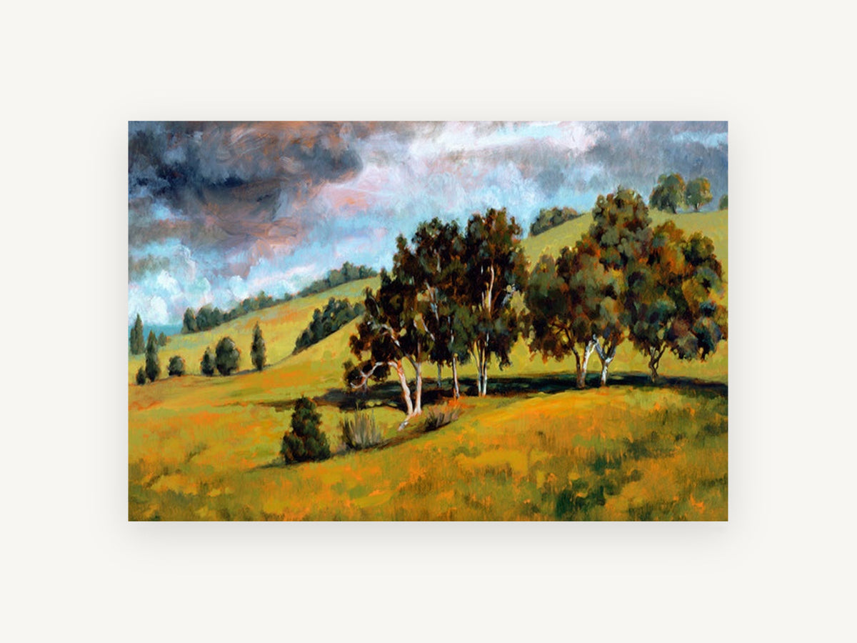 Storm Over Golden Hills, gum trees rolling hills landscape painting, landscape canvas wall art print, front view