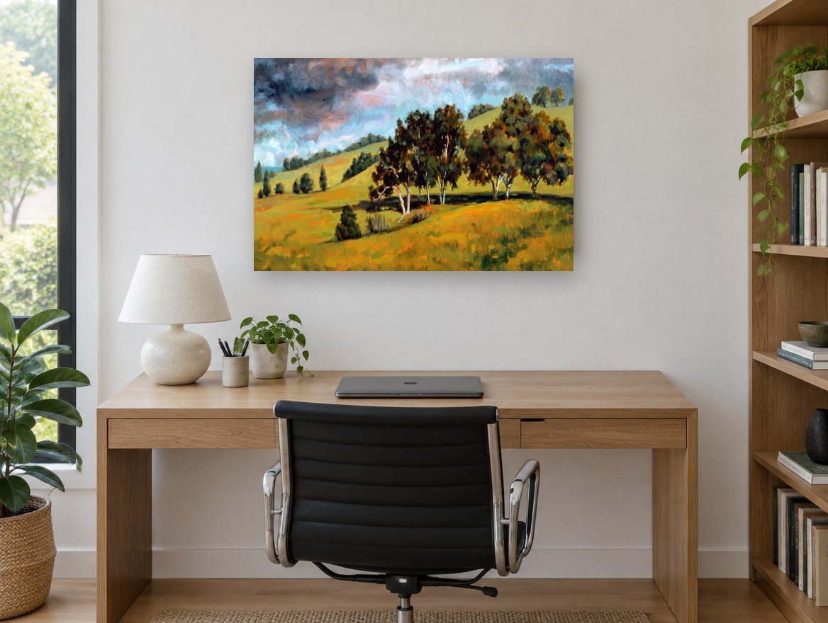 Storm Over Golden Hills landscape canvas print on the wall of a study