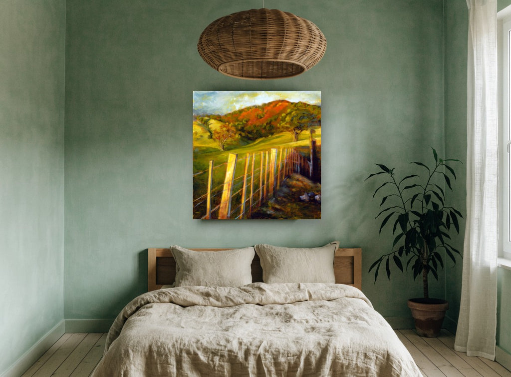 Sunlit Fence Line landscape canvas print on the wall of a bedroom