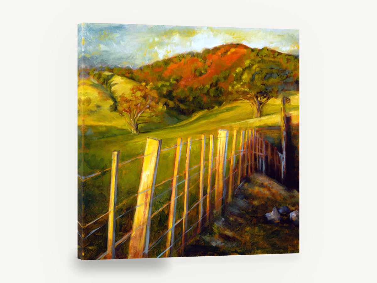 Sunlit Fence Line, sunlit fence hills rural landscape, landscape canvas wall art print ready to hang