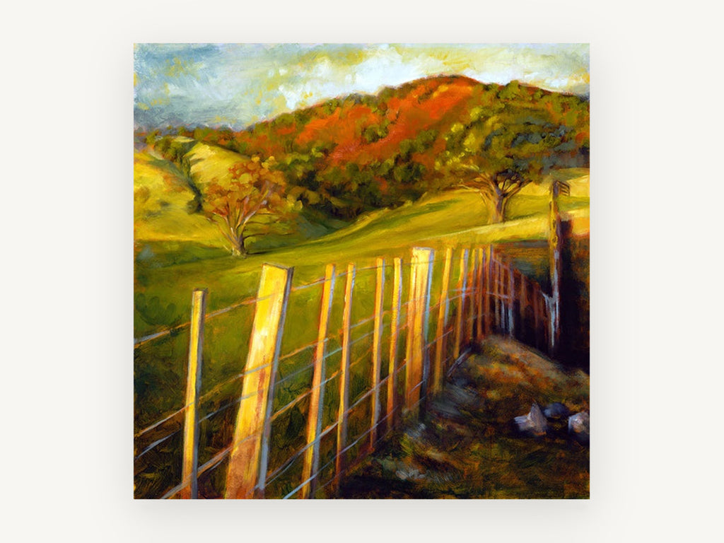 Sunlit Fence Line, sunlit fence hills rural landscape, landscape canvas wall art print, front view