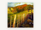 Sunlit Fence Line, sunlit fence hills rural landscape, landscape canvas wall art print, front view
