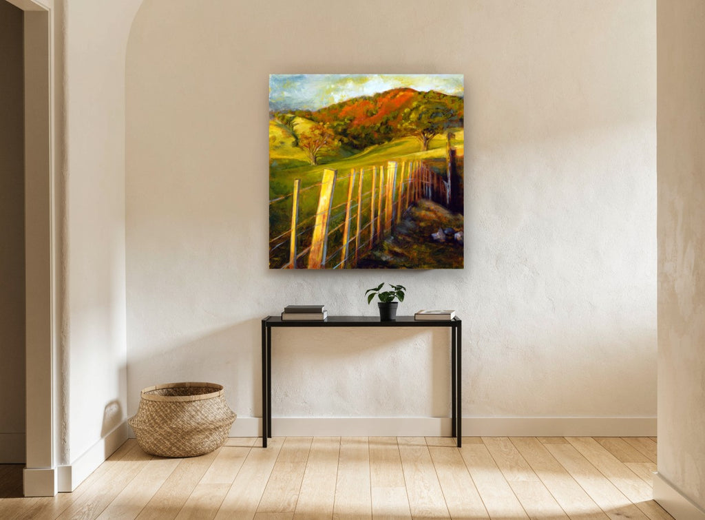 Sunlit Fence Line landscape canvas print on the wall of a hallway
